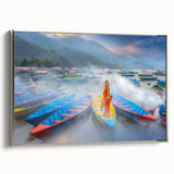 Landscape art painting of a Nepalese scenery on framed canvas, featuring vibrant colors with black accents.