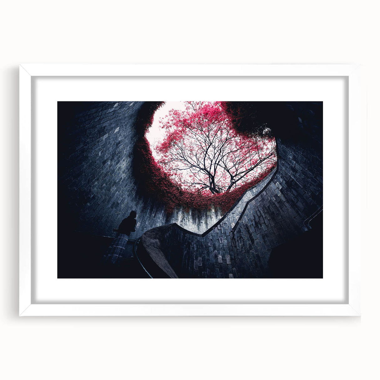 Abstract art print of Singapore skyline in muted gray and blue tones on a white framed poster.