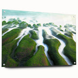 Large abstract wall art depicting a Taiwanese landscape in muted earth tones on acrylic glass.
