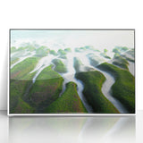 Framed acrylic print of a serene Taiwanese landscape in muted green and blue tones, suitable for modern art wall decor.