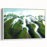 Vintage poster art of a Taiwanese landscape on framed canvas, featuring vibrant colors on a black background.