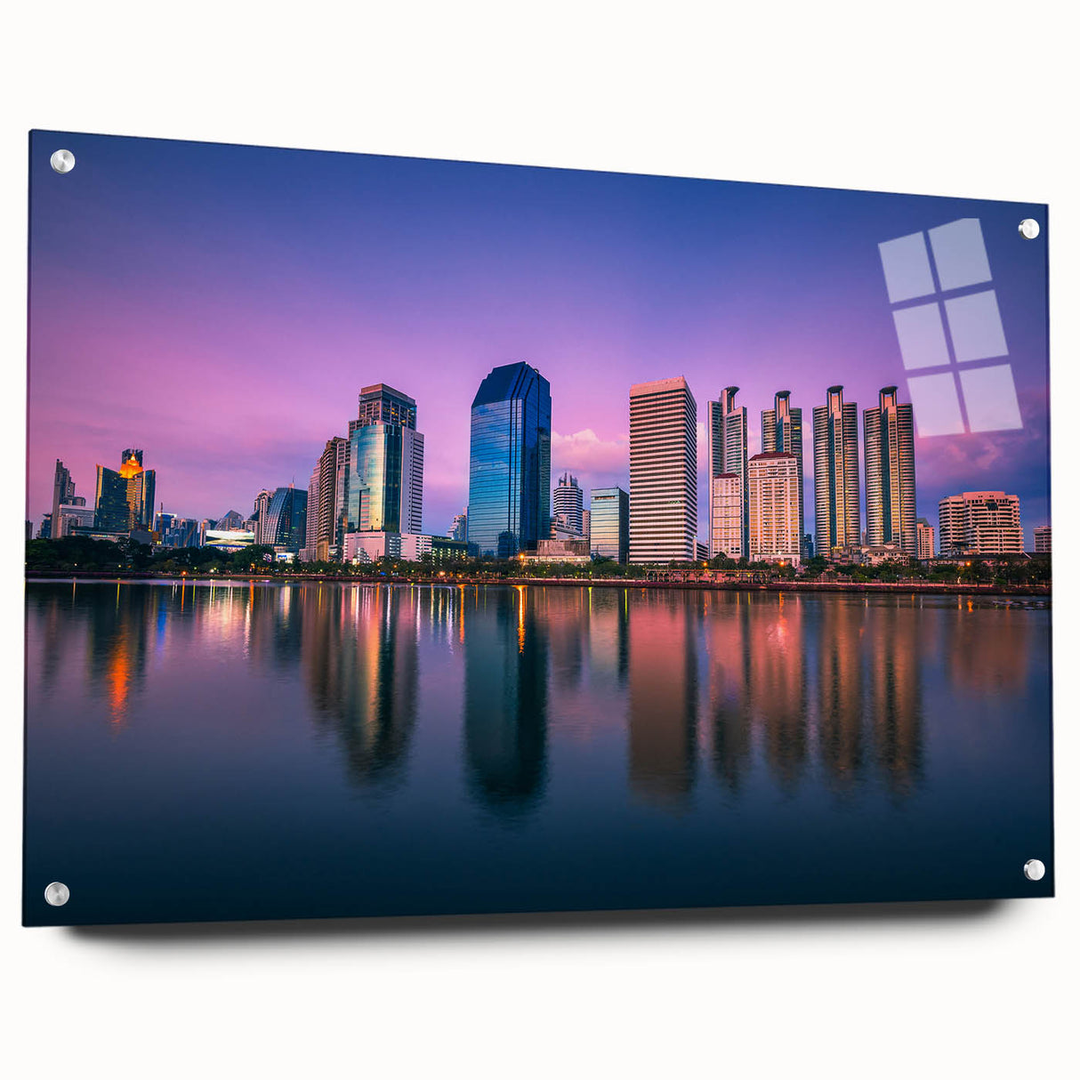 Acrylic print of Bangkok cityscape in twilight hues, ideal for bedroom or dining room decor.
