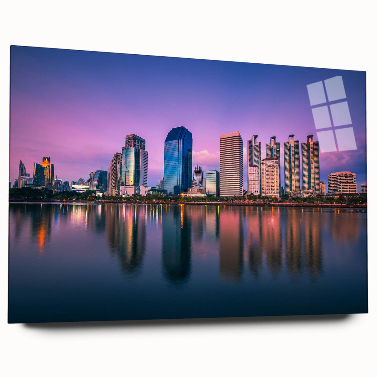 Acrylic print of Bangkok skyline in vibrant twilight hues, ideal for bedroom or dining room art.