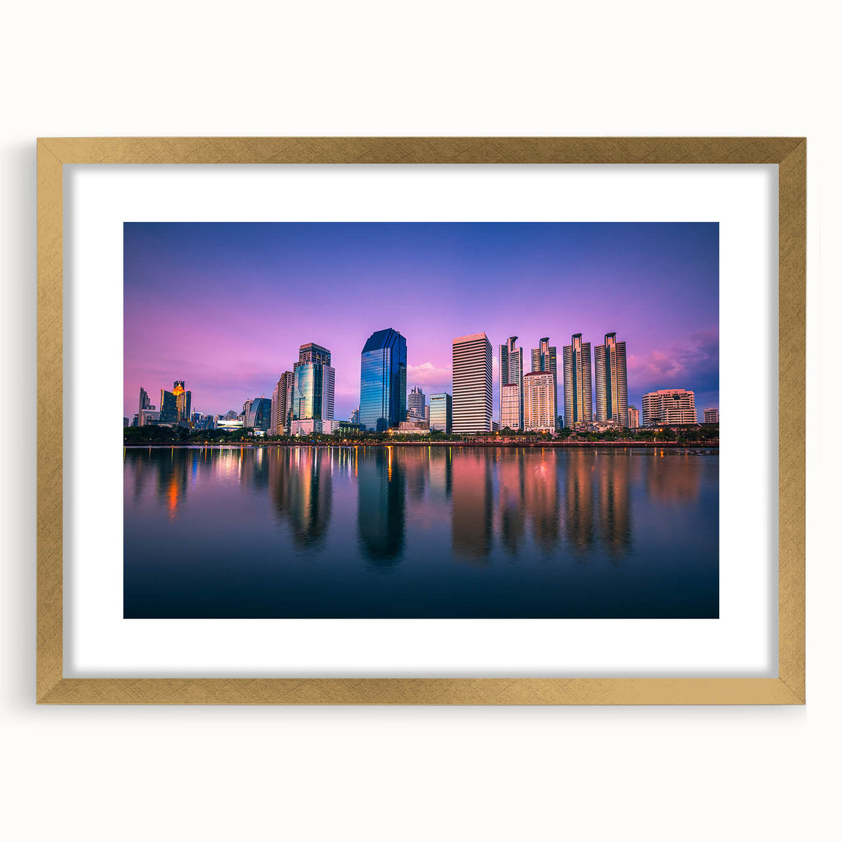 Extra large abstract art print depicting a textured Bangkok cityscape in muted gold tones on a framed canvas.