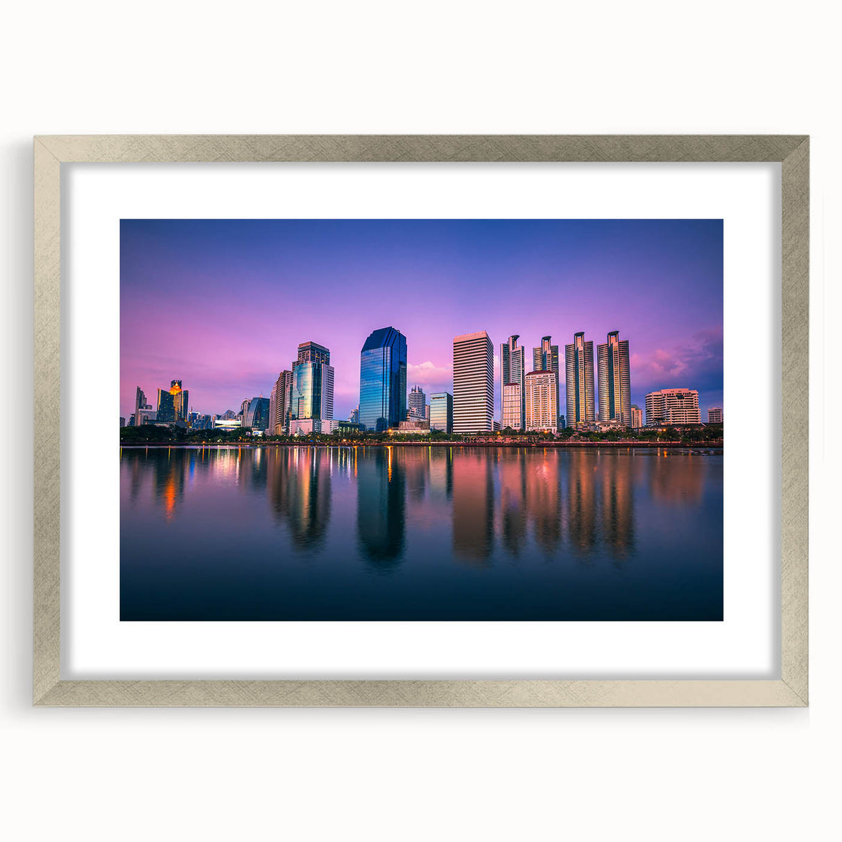 Textured abstract art print of Bangkok's skyline in muted silver and gray tones on a framed canvas, suitable for bedroom art.