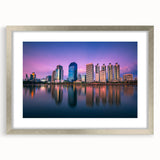 Textured abstract art print of Bangkok's skyline in muted silver and gray tones on a framed canvas, suitable for bedroom art.