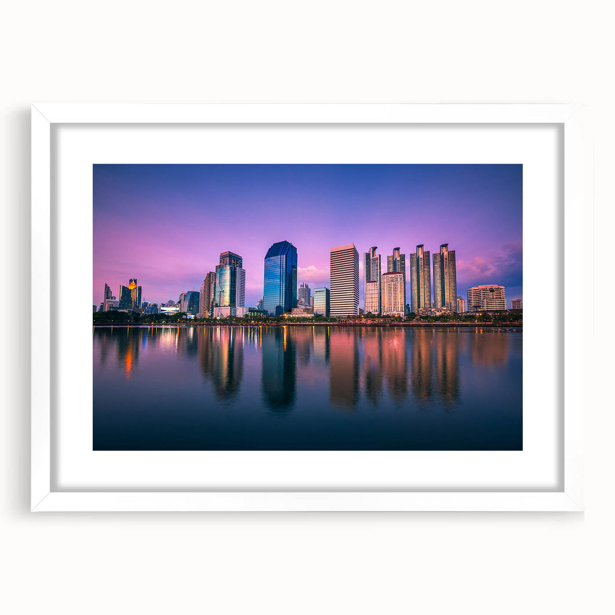 Abstract art print of Bangkok skyline in muted gray and blue tones on a framed white mat, ideal for dining room decor.