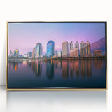 Framed acrylic print of Bangkok skyline in gold and black tones, ideal for modern art wall decor.