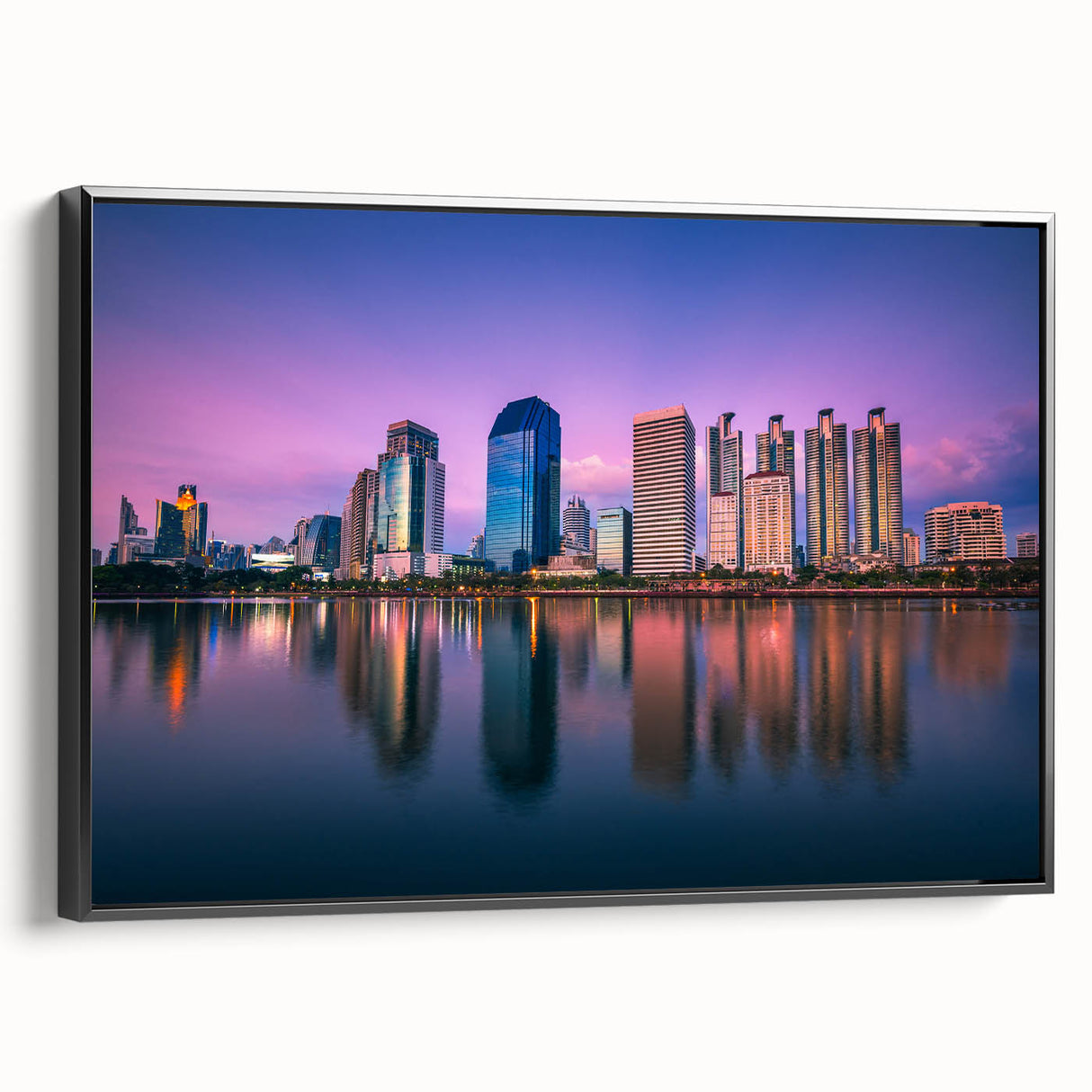 Black and white landscape art painting of Bangkok on framed canvas, ideal for bedroom wall decor.