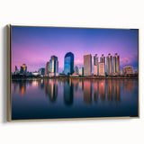 Framed canvas landscape of Bangkok with golden hues, ideal for bedroom wall art.