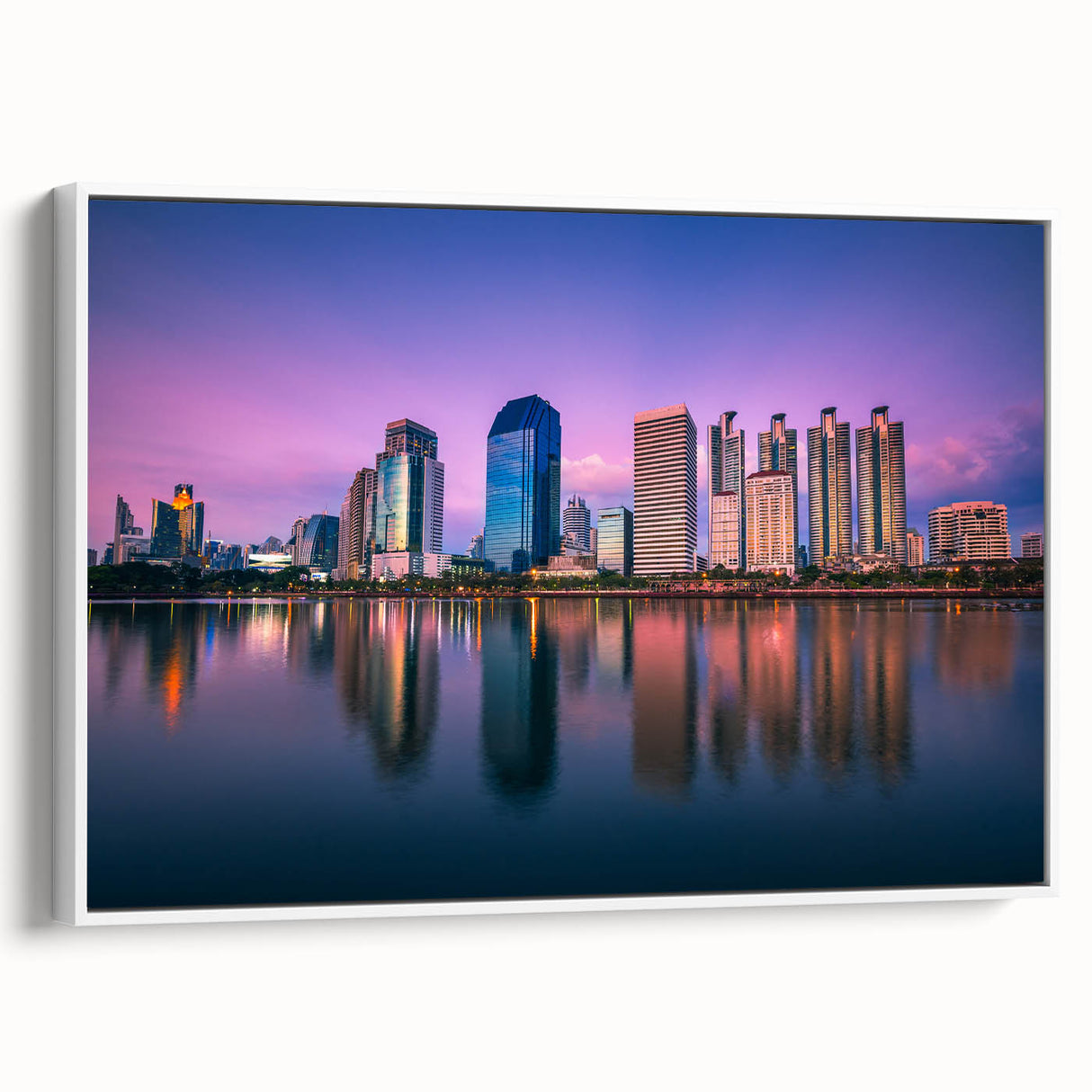 Vintage poster art of Bangkok with colorful accents on a framed canvas, ideal for living room decor.