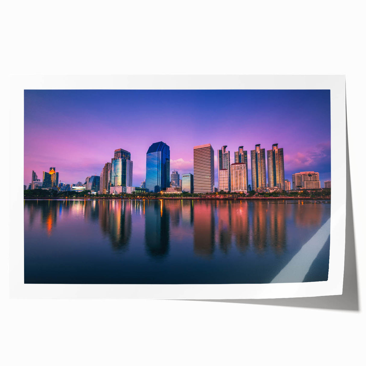 Extra large rolled print of Bangkok skyline with muted pastel shades, ideal for art wall dining room or bathroom decor.