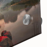 Large abstract wall art depicting a mid-century modernist Thai landscape in muted earth tones on acrylic glass.