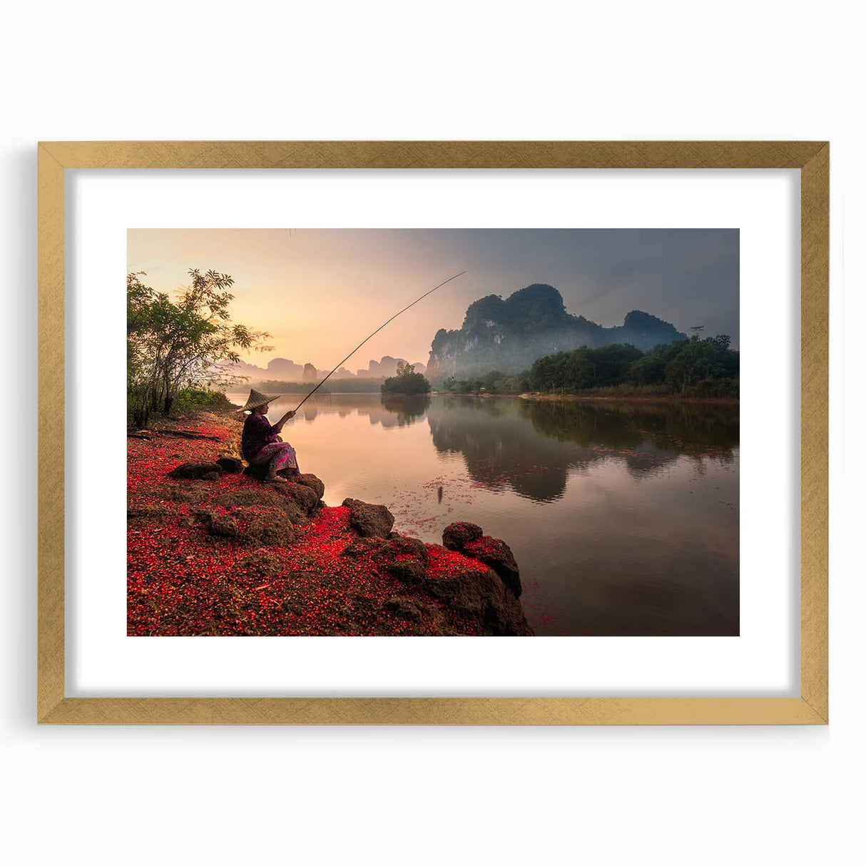 Extra large abstract art print featuring textured scenery of Thailand in gold frame, ideal for living room decor.