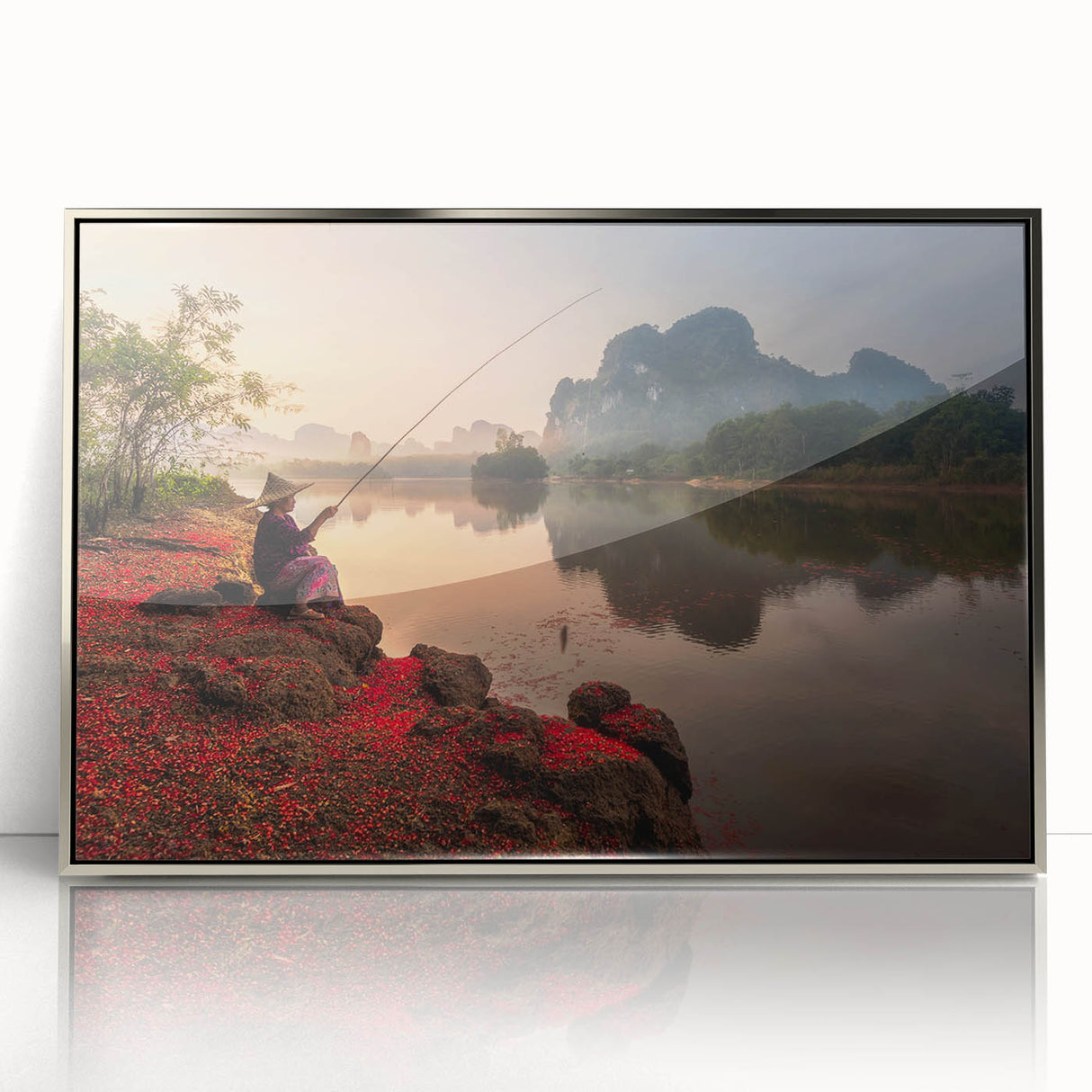 Mid-century modernist art depicting a serene Thai landscape in cool blue tones on a framed acrylic panel.