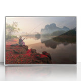 Acrylic print of a serene Thai landscape in muted greens and blues, framed in white.