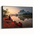 Black and white framed canvas featuring a vintage-style landscape of a Thai scenery, ideal for bedroom wall decor.