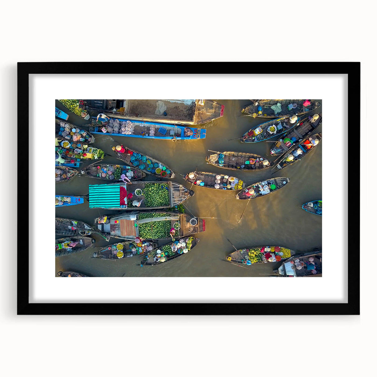 Extra large abstract art print of a colorful, textured Vietnamese landscape on a black framed canvas.