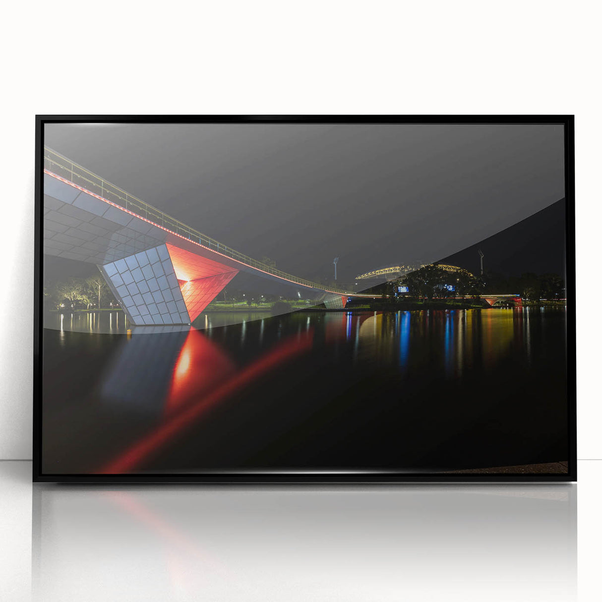 Large abstract wall art depicting the Adelaide skyline in muted black and gray tones on a framed acrylic print.