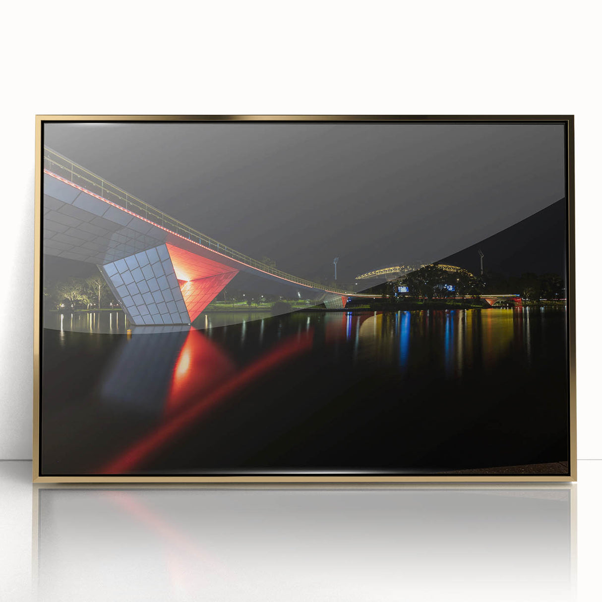 Mid-century modernist art depicting Adelaide scenery in gold tones on a framed acrylic, suitable for modern art wall decor.