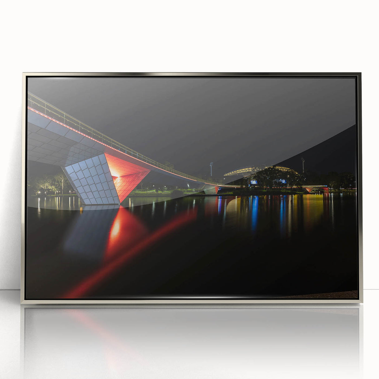 Art deco poster depicting Adelaide skyline in silver hues on framed acrylic, suitable for modern nursery decor.