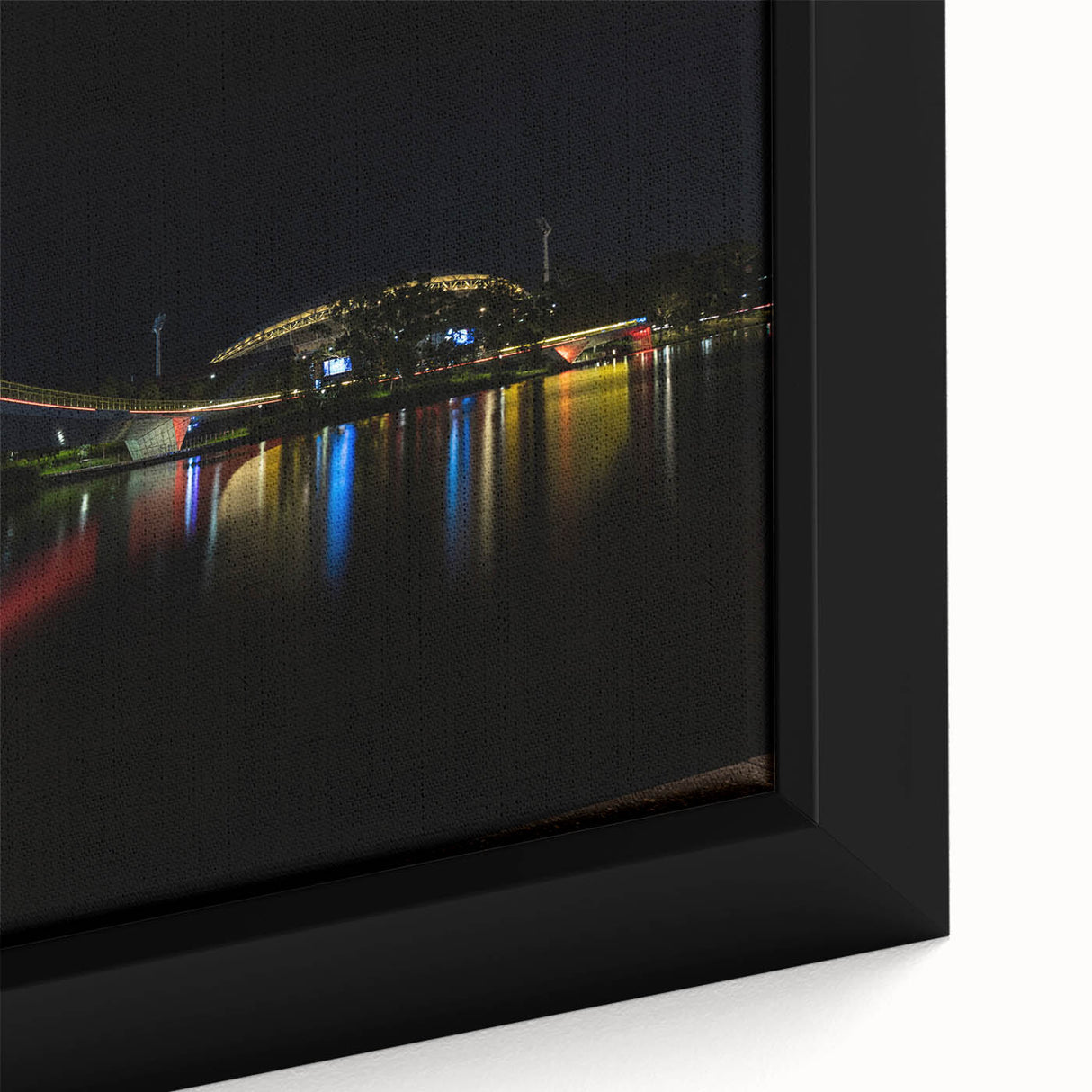 Extra large framed canvas depicting a textured black wall art scene of Adelaide's skyline with colorful accents.