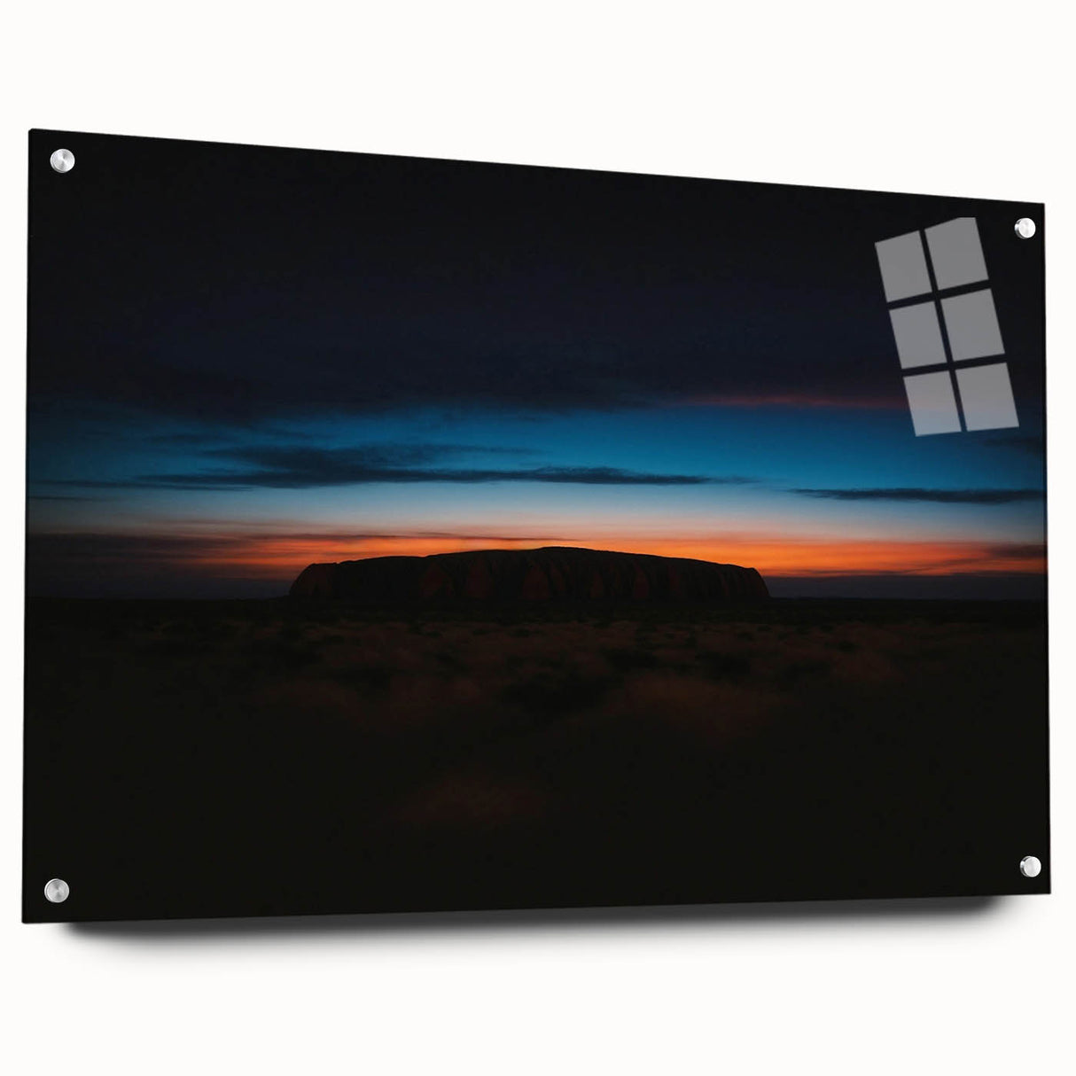 Acrylic print of Ayers Rock in muted earth tones, suitable for bedroom or dining room decor.