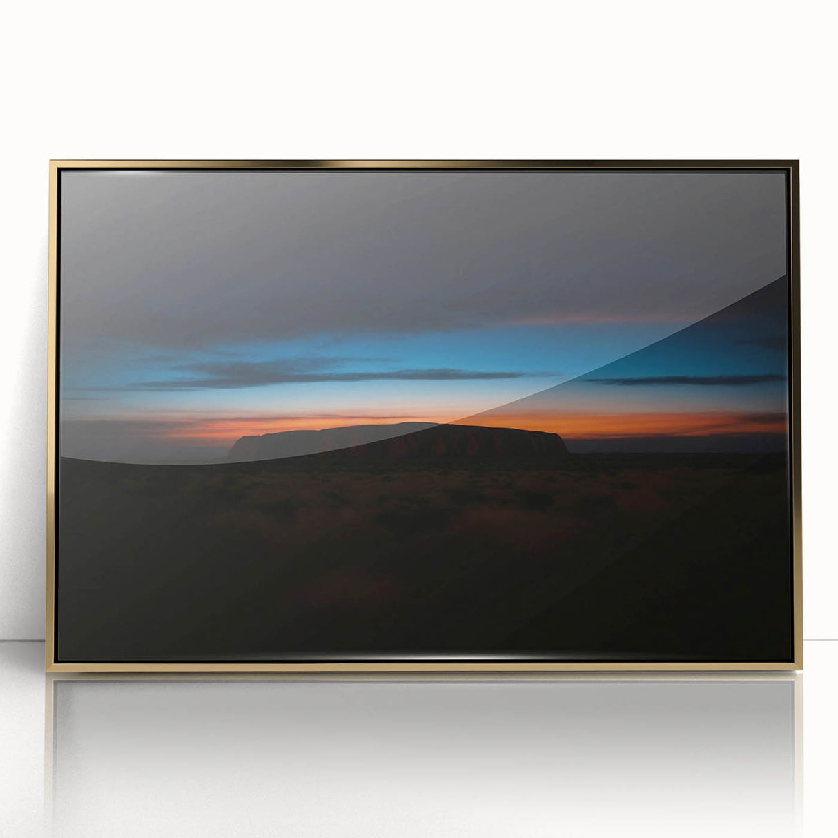 Mid-century modernist art depicting Ayers Rock in muted earth tones on a framed acrylic, suitable for nursery wall art.