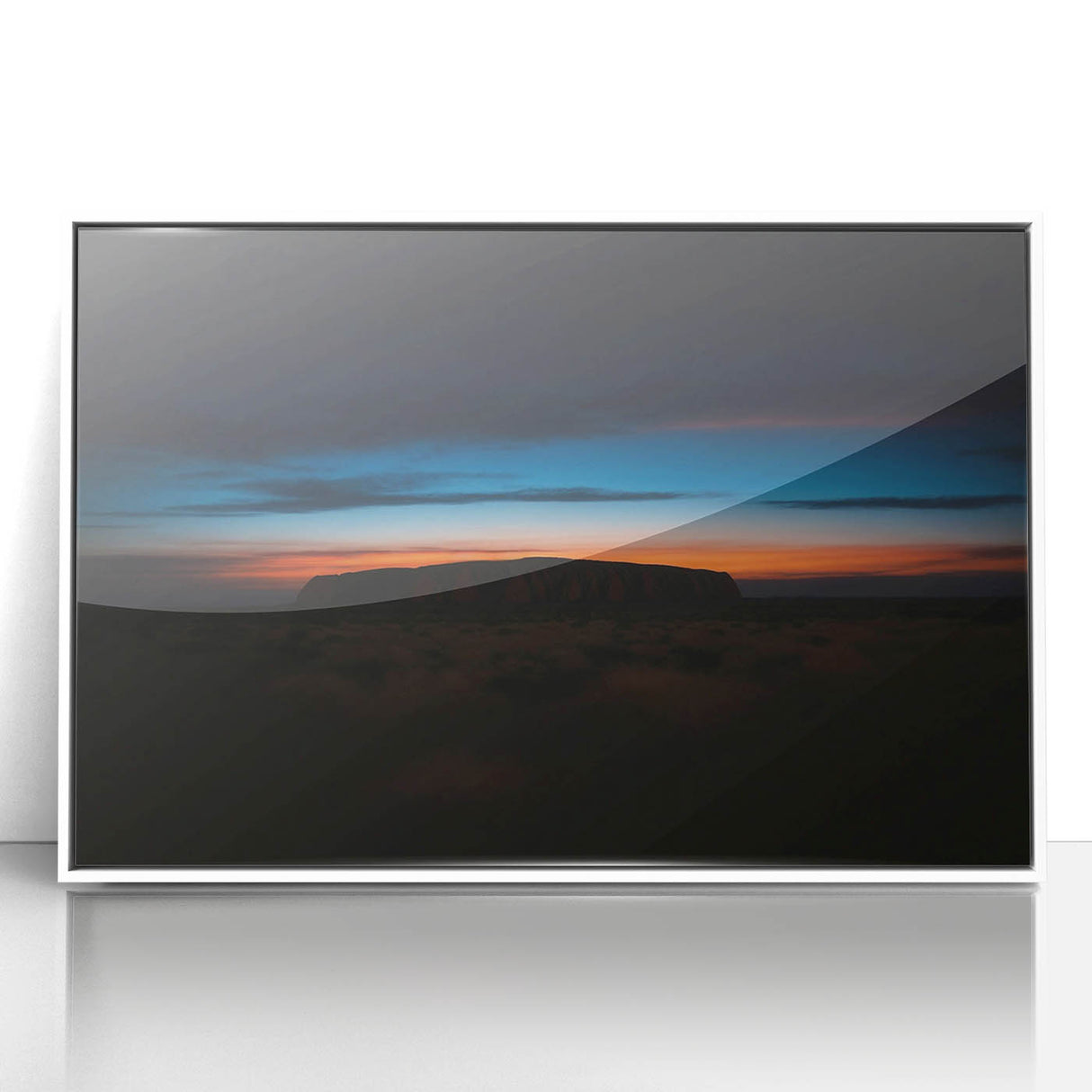 Framed acrylic print of Ayers Rock in Australia, featuring earthy orange tones, ideal for modern art wall decor.