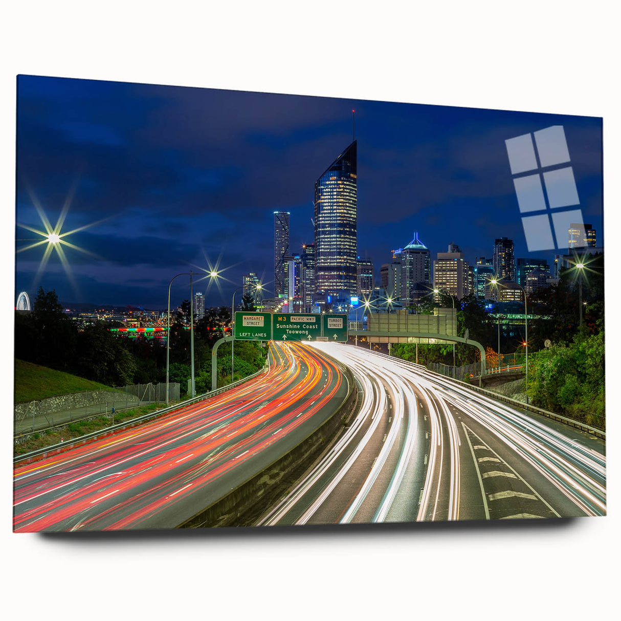 Large abstract wall art of Brisbane skyline in muted blues and greens on acrylic glass.