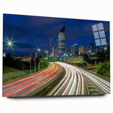 Large abstract wall art of Brisbane skyline in muted blues and greens on acrylic glass.