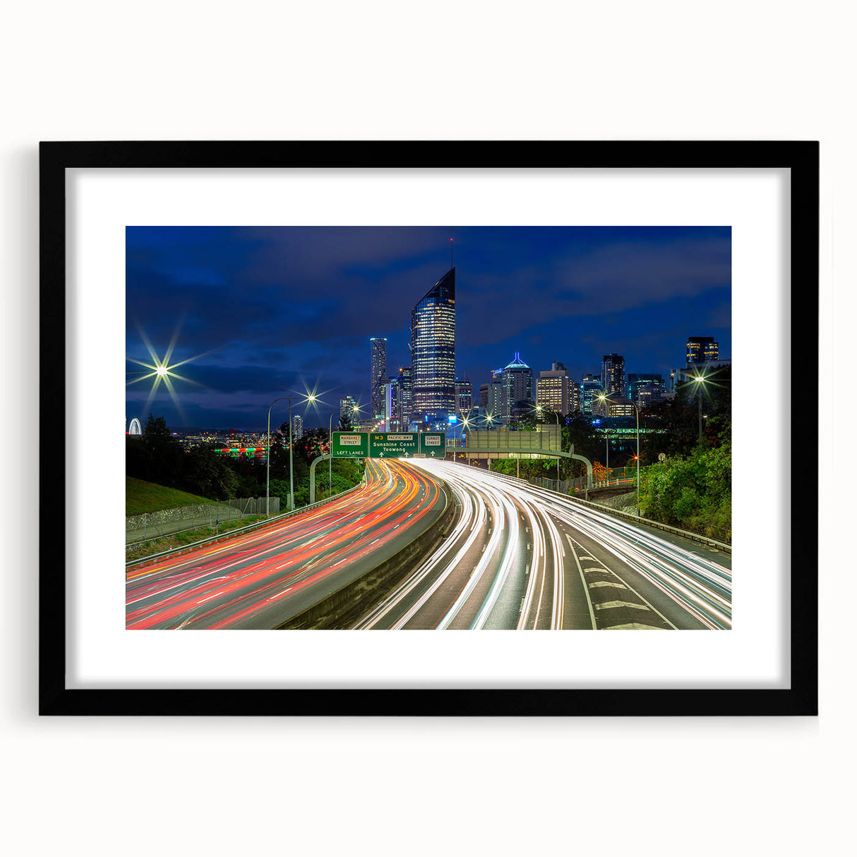 Extra large abstract art print depicting vibrant, colorful scenery of Brisbane, on a black framed canvas with mat.