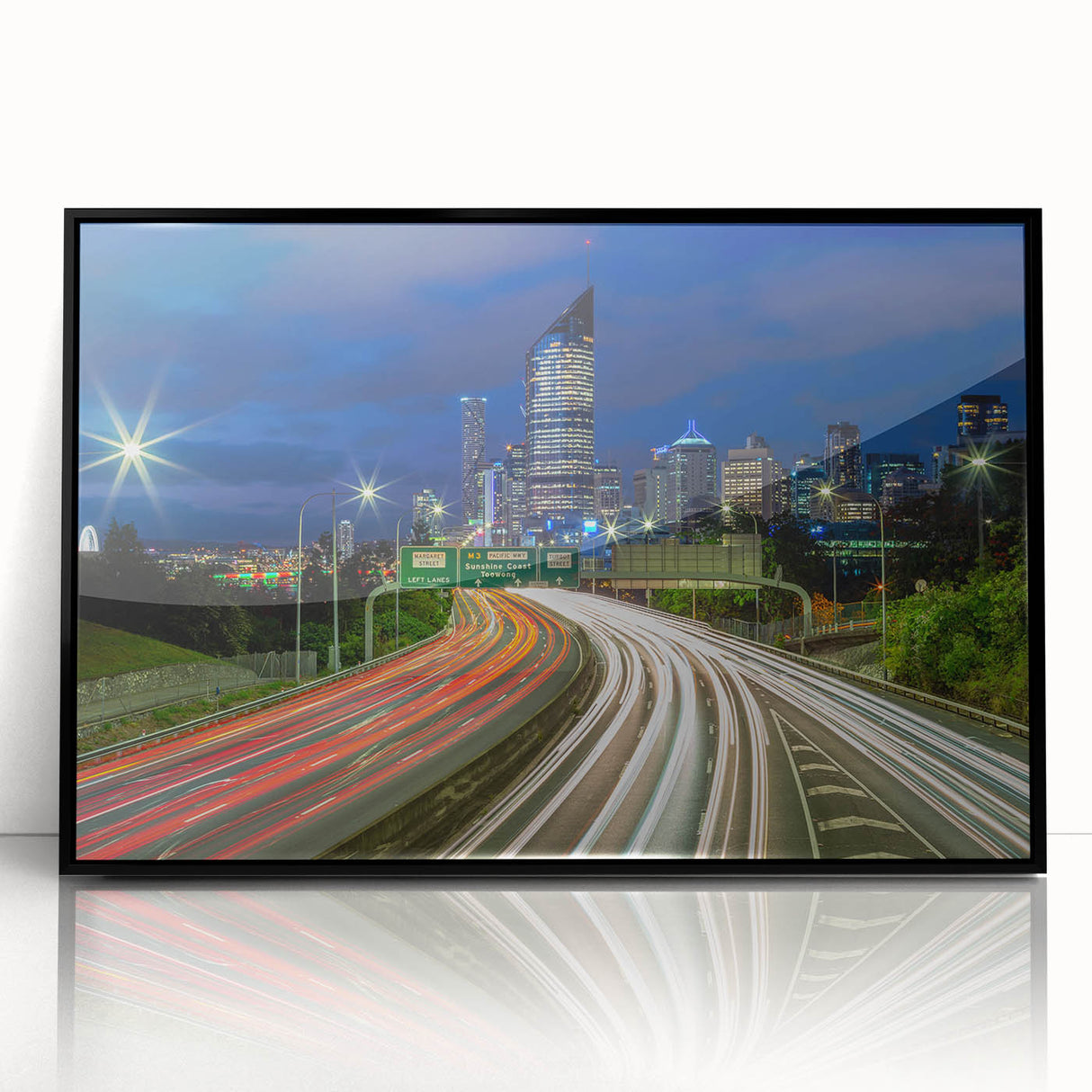 Large abstract wall art depicting the Brisbane skyline in muted gray tones on a framed acrylic.