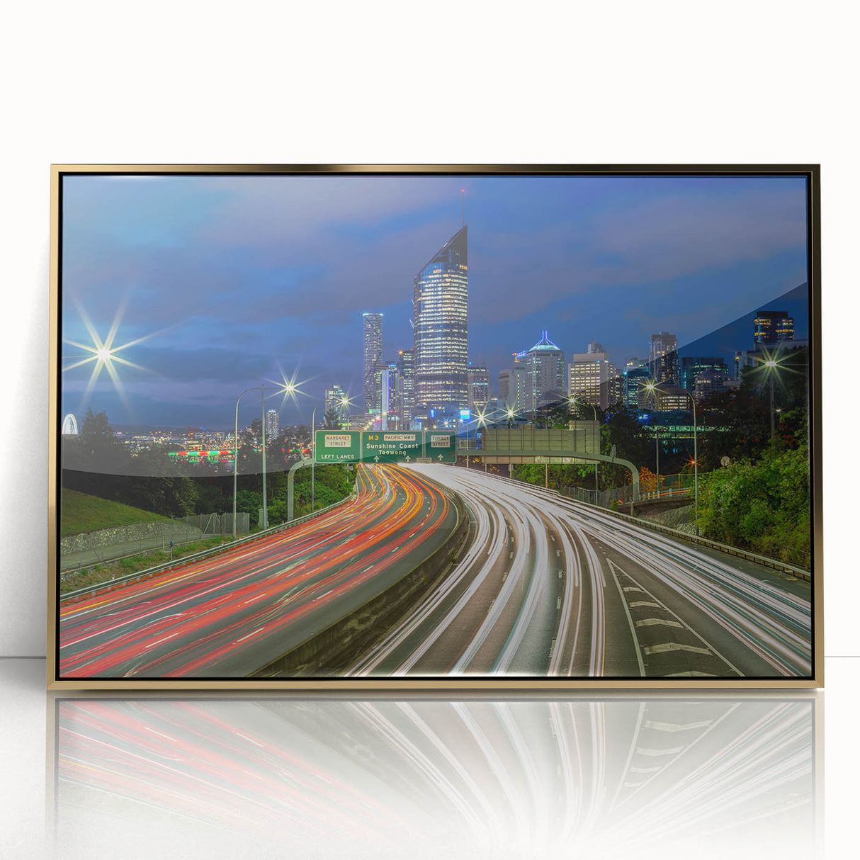 Mid-century modernist art of Brisbane skyline in muted gold tones on framed acrylic, suitable for modern art wall decor.