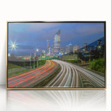 Mid-century modernist art of Brisbane skyline in muted gold tones on framed acrylic, suitable for modern art wall decor.