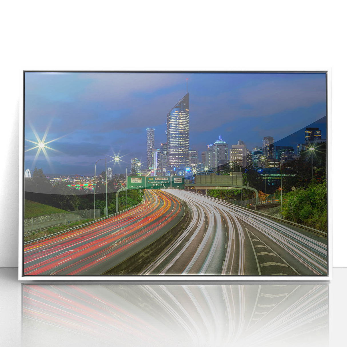 Acrylic print of Brisbane skyline with pastel colors in a mid-century modernist style, framed in white.