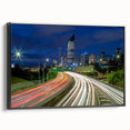 Black and white wall art of Brisbane landscape on framed canvas, ideal for bedroom decor.