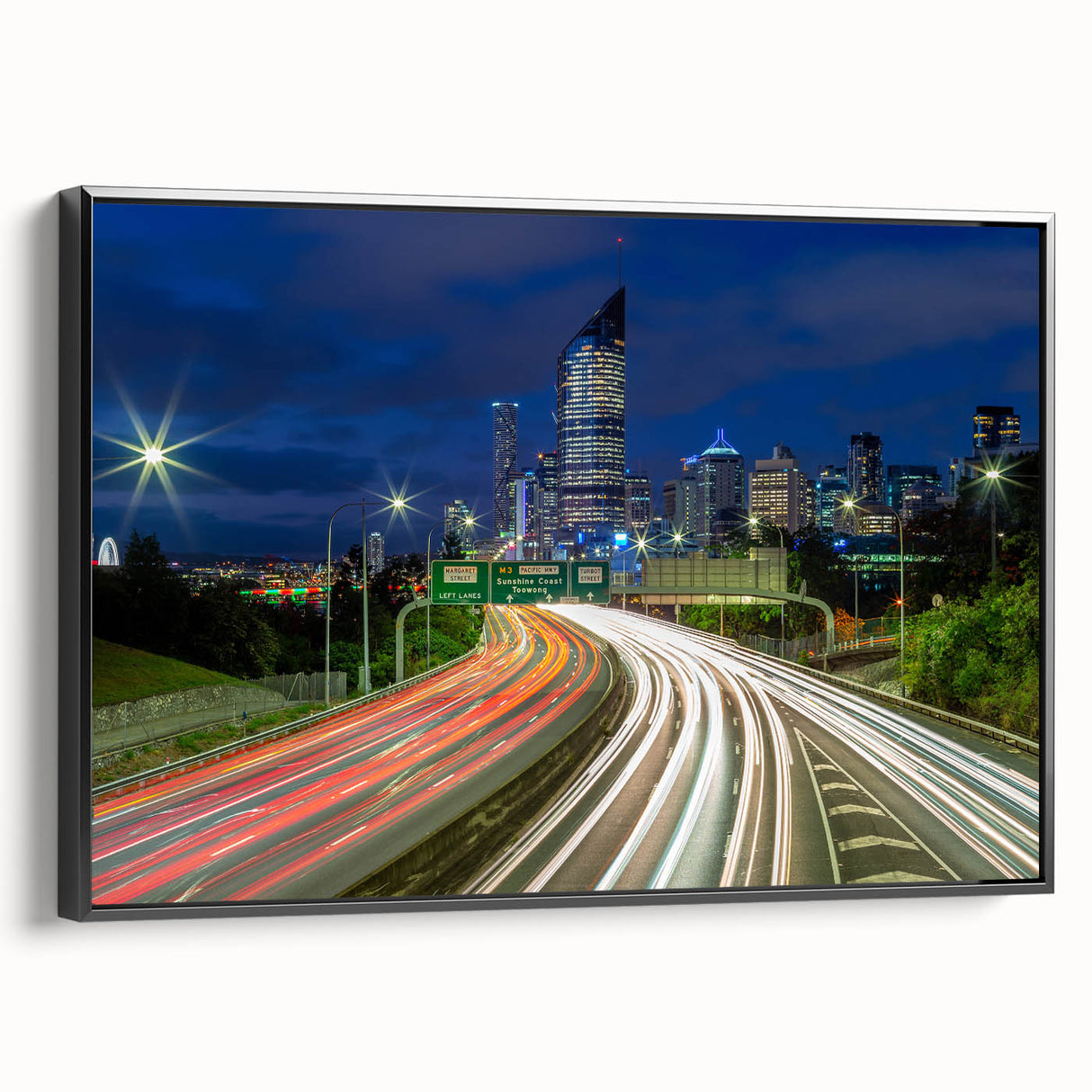 Black and white wall art of Brisbane landscape on framed canvas, ideal for bedroom decor.