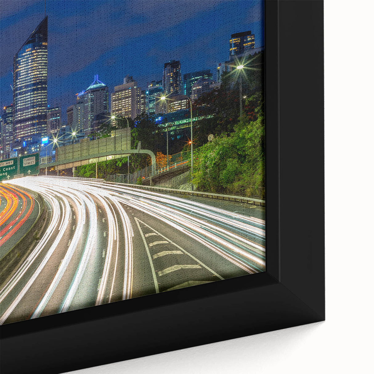 Extra large framed canvas of a textured, colorful depiction of the Brisbane skyline, ideal for living room decor.