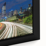 Extra large framed canvas of a textured, colorful depiction of the Brisbane skyline, ideal for living room decor.