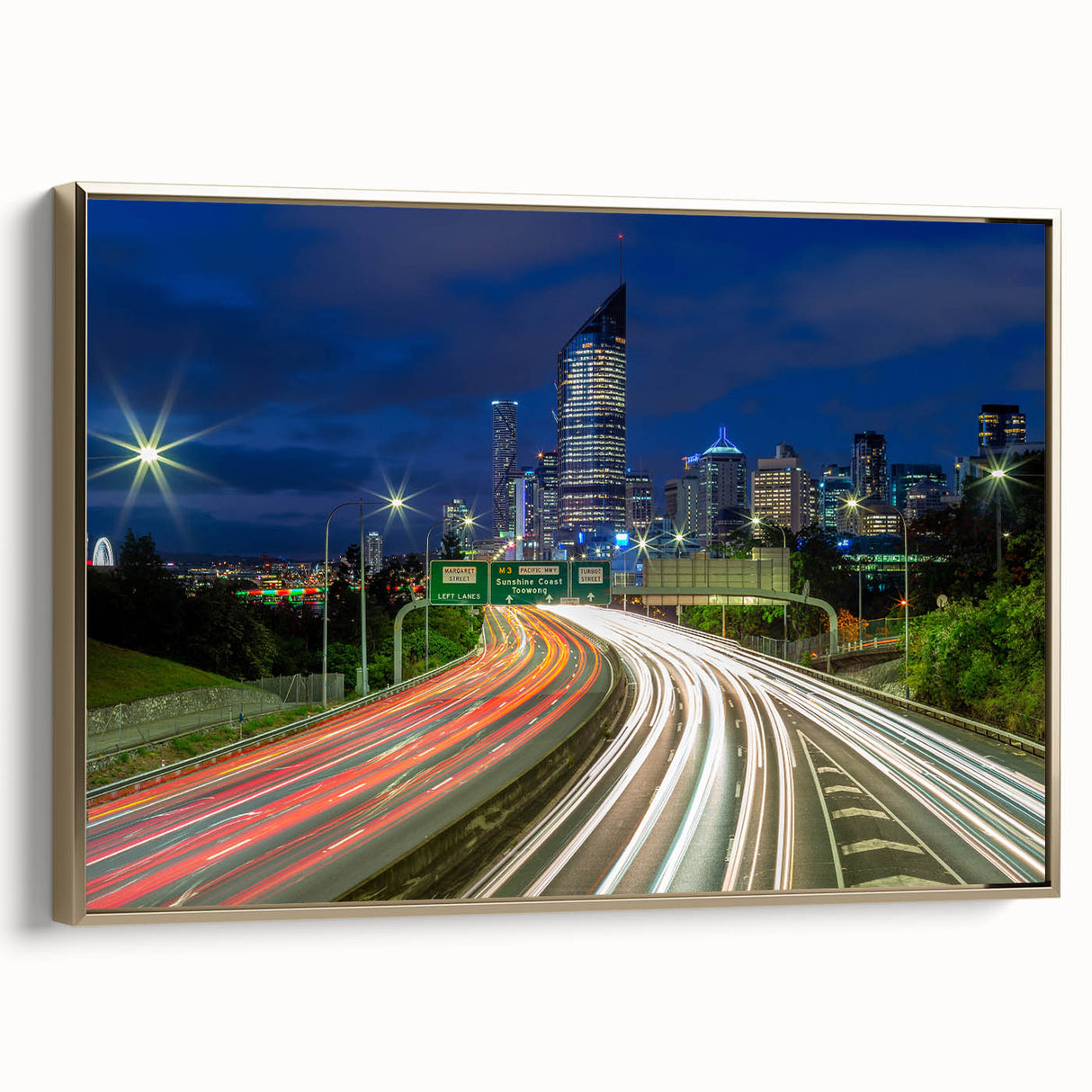 Framed canvas depicting a vintage Brisbane landscape with vibrant, colorful art and black accents.
