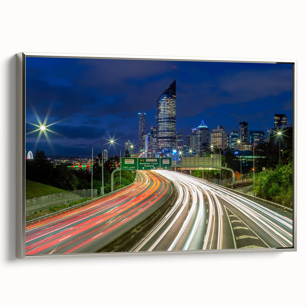 Vintage poster art of Brisbane scenery on framed canvas, featuring a colorful palette, ideal for living room decor.