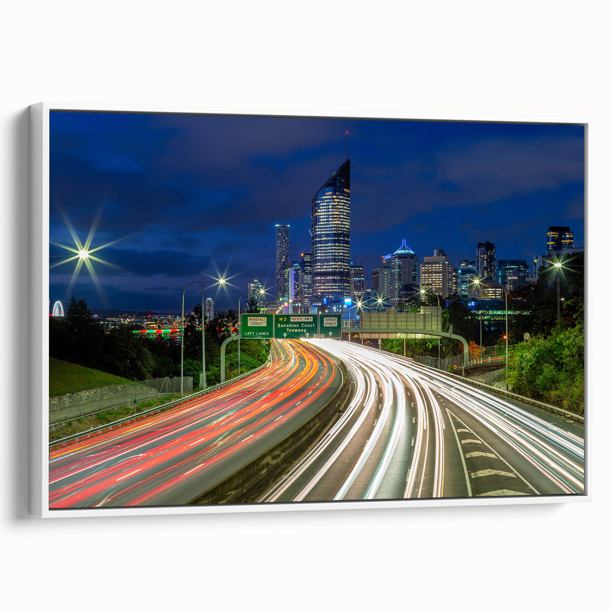 Framed canvas of Brisbane landscape in black and white, ideal for bedroom wall art.