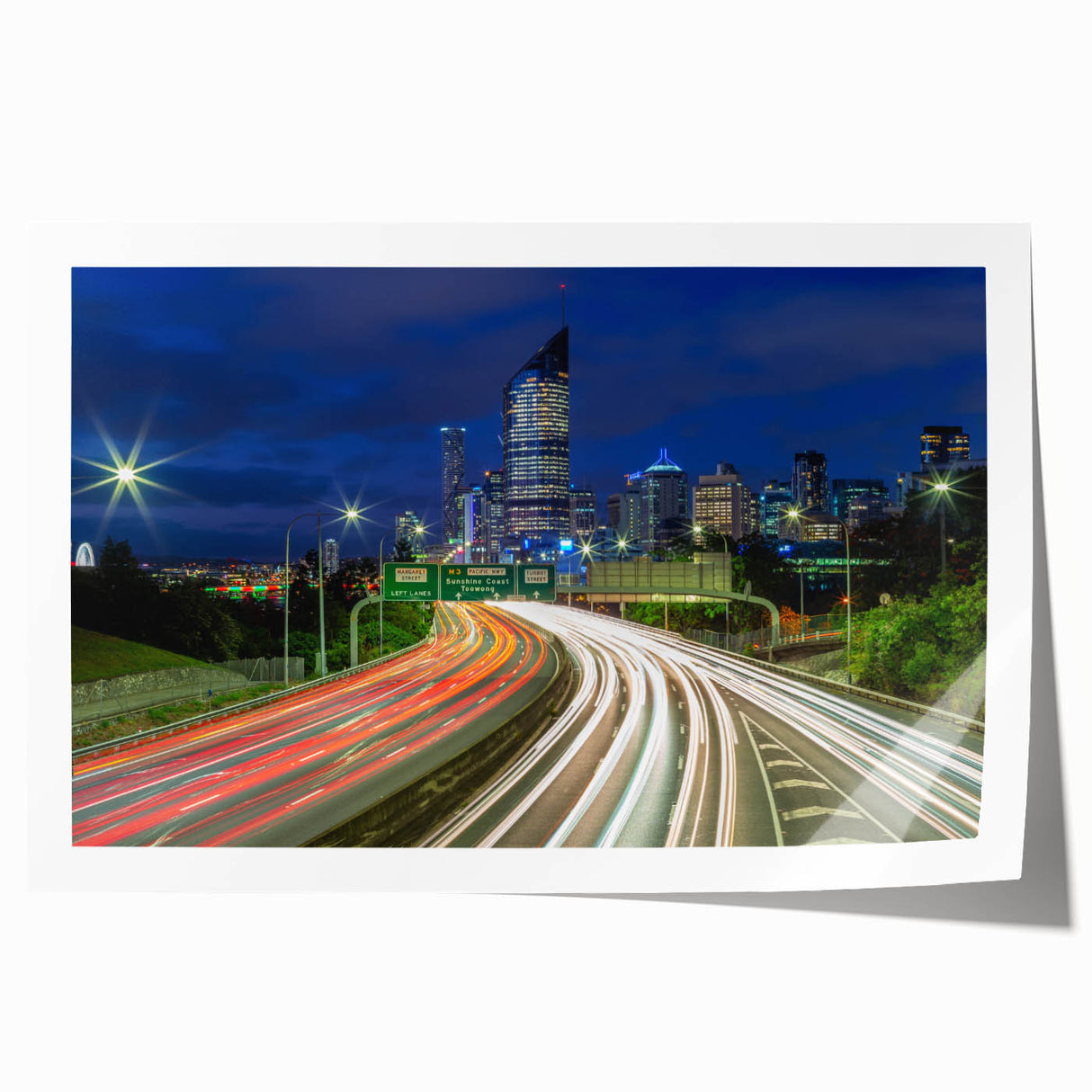 Extra large rolled print of Brisbane scenery with vibrant green and blue tones, ideal for dining room wall art.