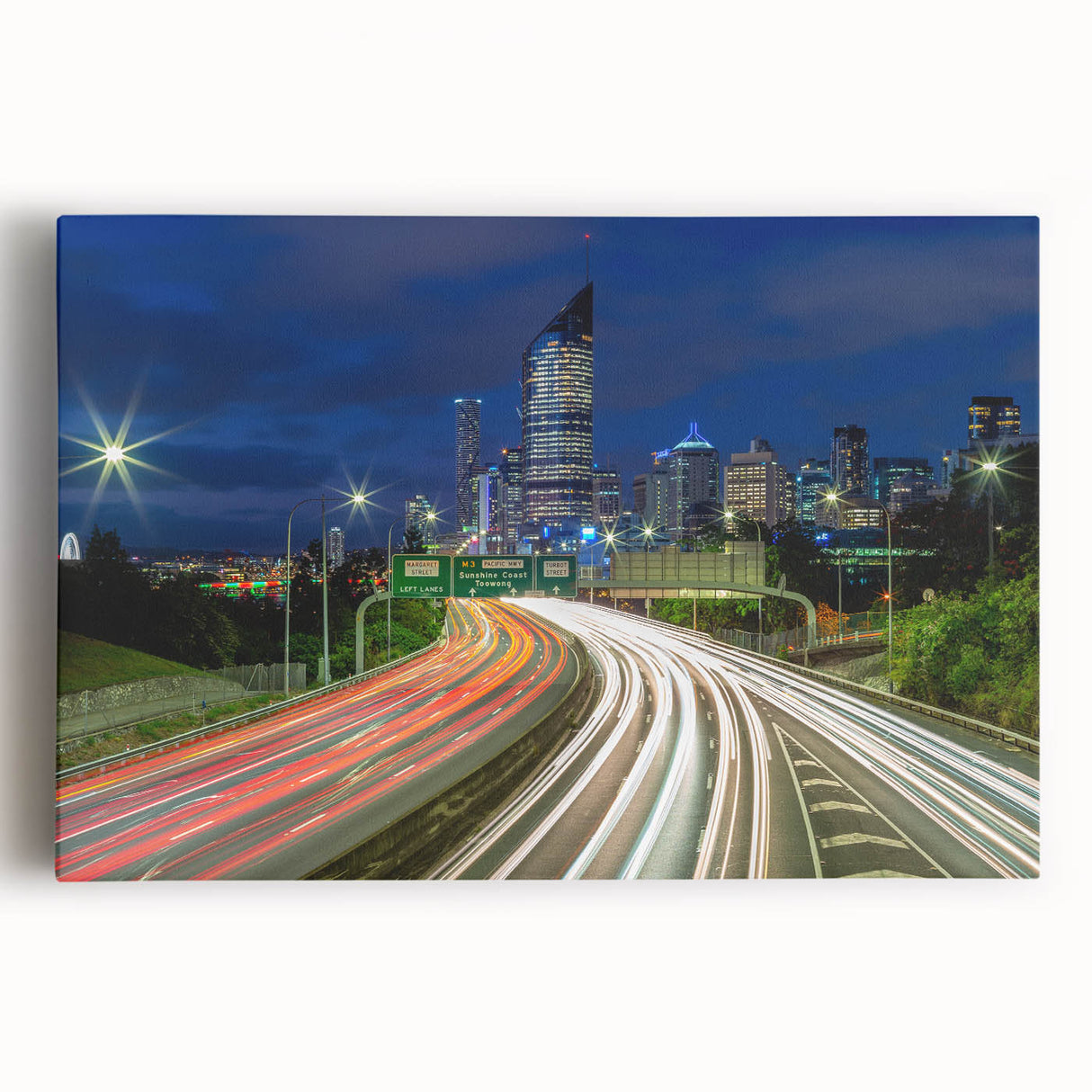 Black and white stretched canvas of Brisbane cityscape, ideal for kitchen wall art.