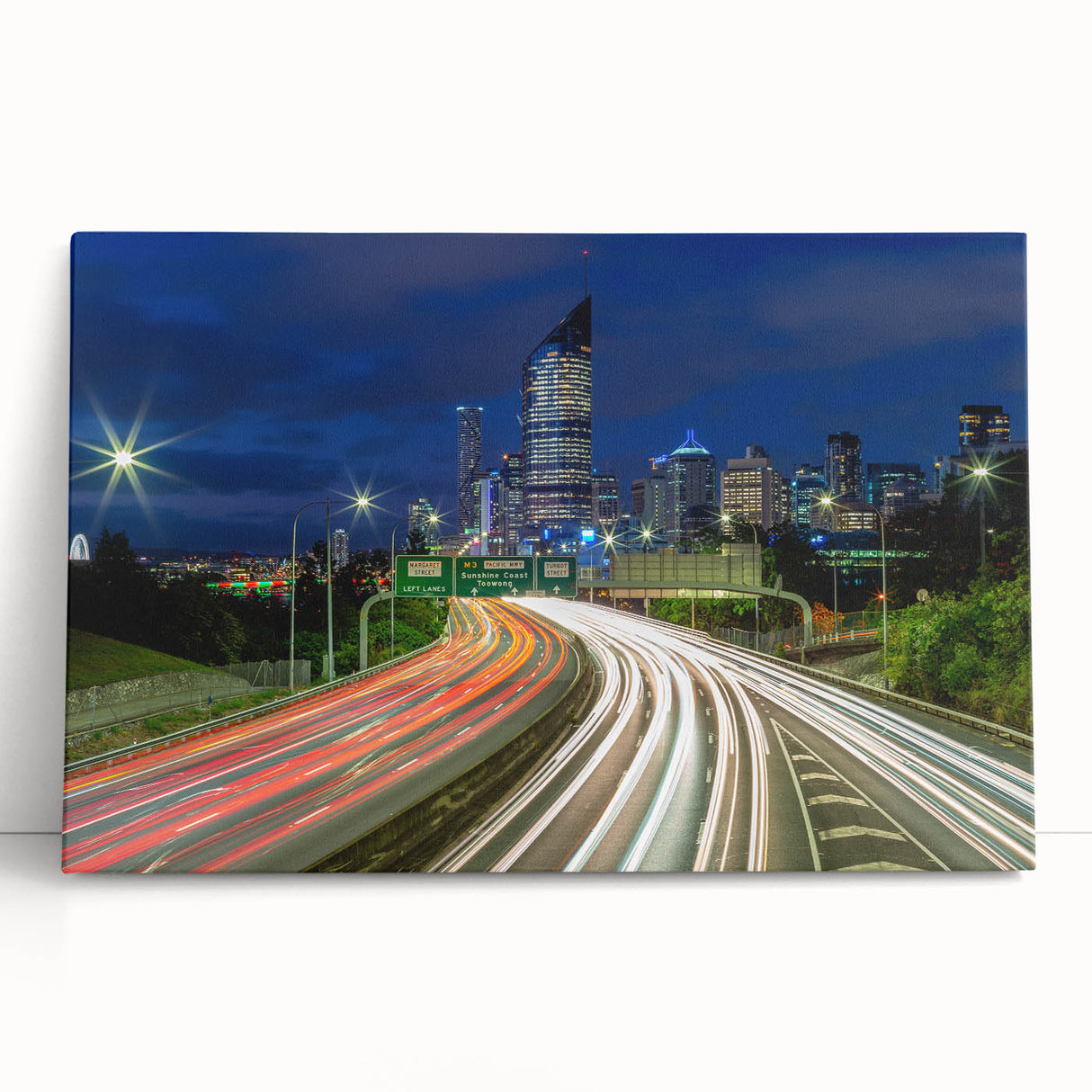 Black and white stretched canvas of Brisbane skyline, ideal for kitchen wall art or bedroom ambiance.