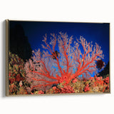 Framed canvas landscape art painting of the Great Barrier Reef, featuring vibrant blue and green tones.