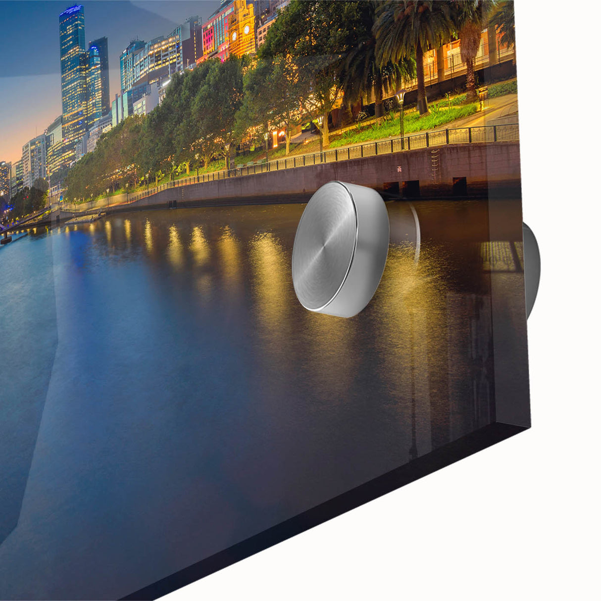 Large abstract depiction of Melbourne's skyline in muted earth tones on acrylic glass, suitable for dining room art.