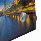 Large abstract depiction of Melbourne's skyline in muted earth tones on acrylic glass, suitable for dining room art.