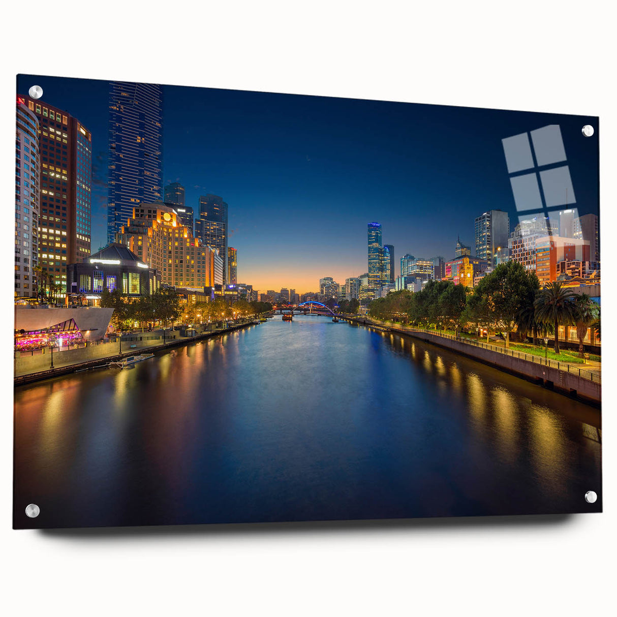 Large abstract wall art of Melbourne skyline in muted blue tones on acrylic glass, suitable for bedroom or dining room decor.